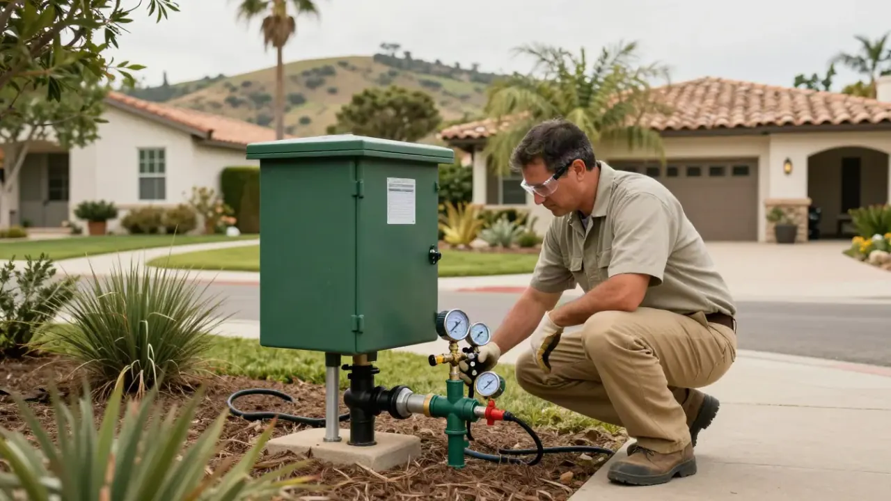 Irrigation System Backflow Testing in Yorba Linda, California: certified backflow technician crouches beside a green