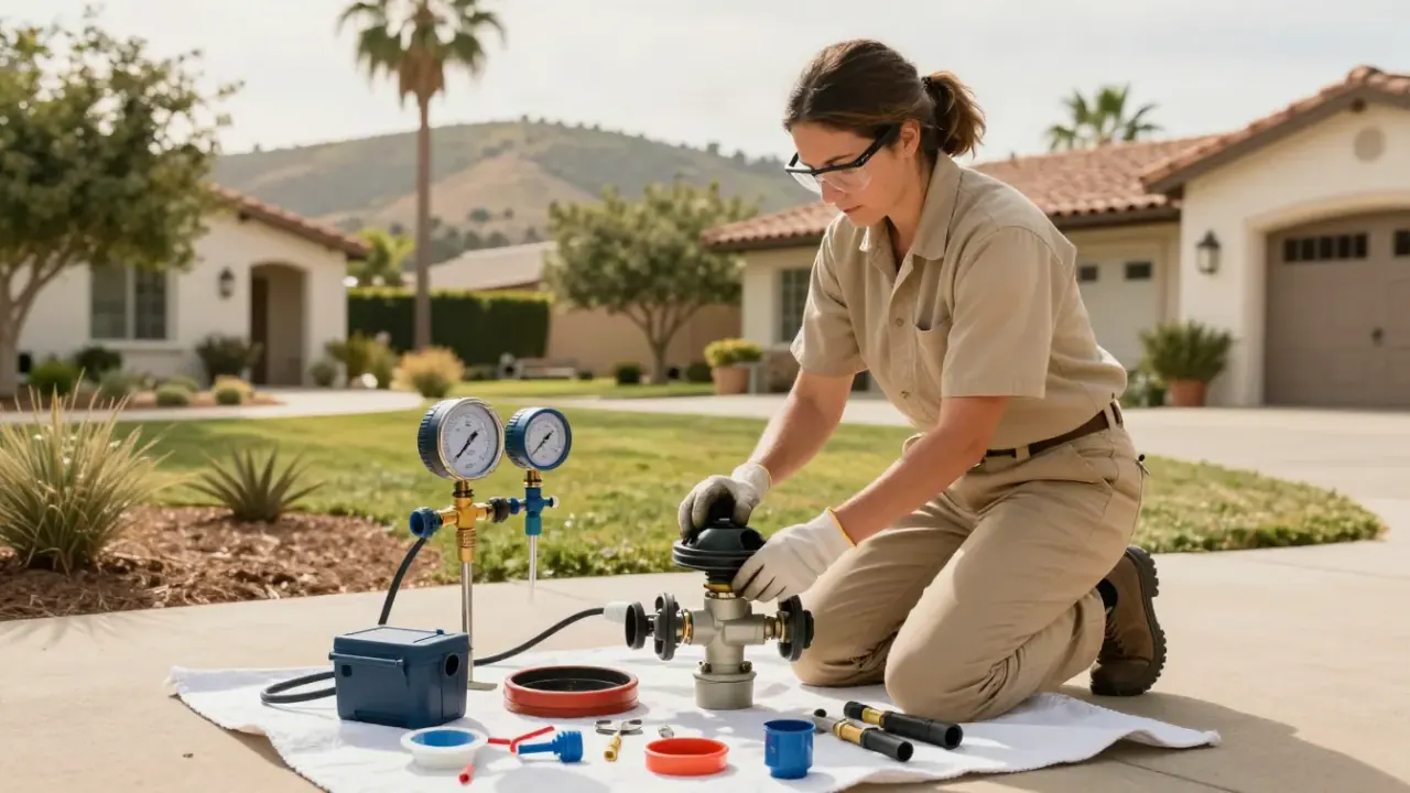 Backflow Testing in Yorba Linda, California: certified backflow technician carefully inserting a new rubber check valve disc