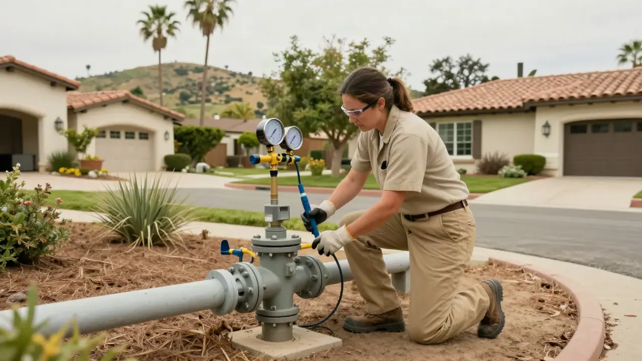 Reduced Pressure (RP) Assembly Service in Yorba Linda, California: certified backflow technician using a specialized tool to